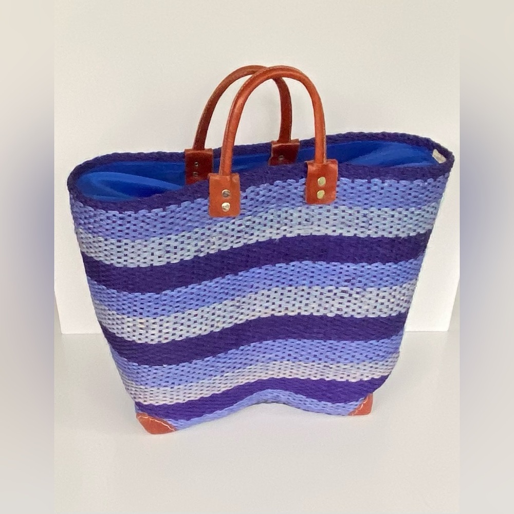 LOVESTITCH Woven Multi-Striped Tote Basket Bag, with Hand-cut Leather Handles - Picture 10 of 12